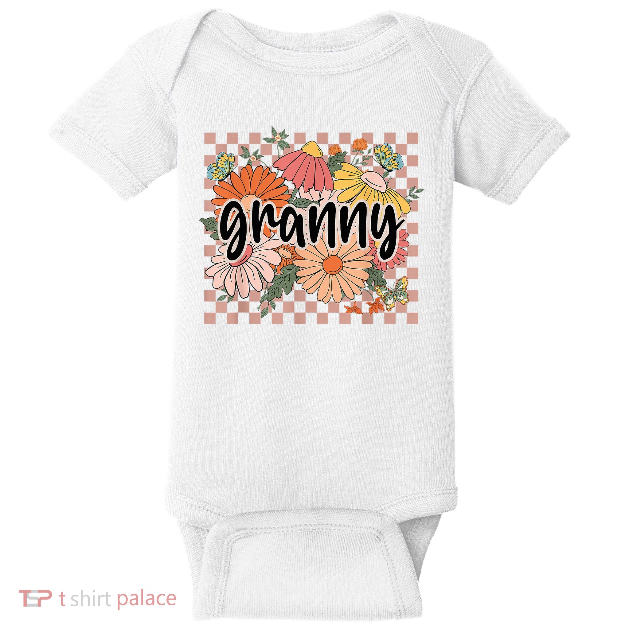 Granny Floral Mother'S Day Wildflower Girl Checkered Baby Bodysuit