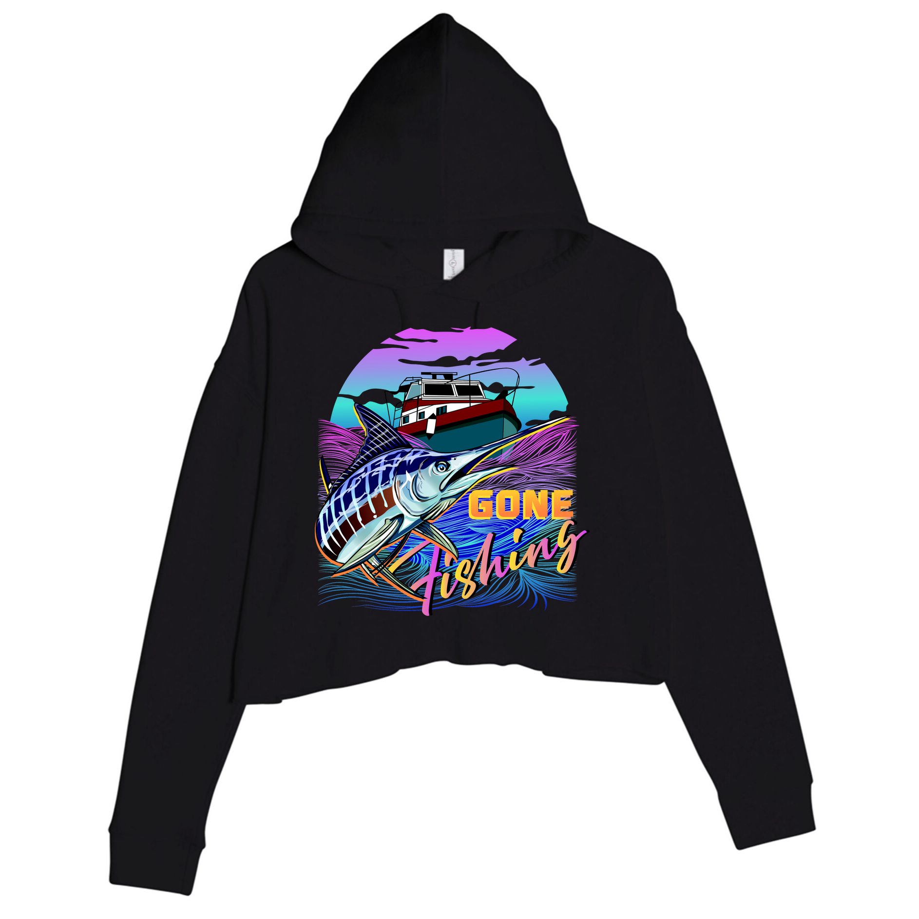 Gone Fishing Marlin Boat Crop Fleece Hoodie
