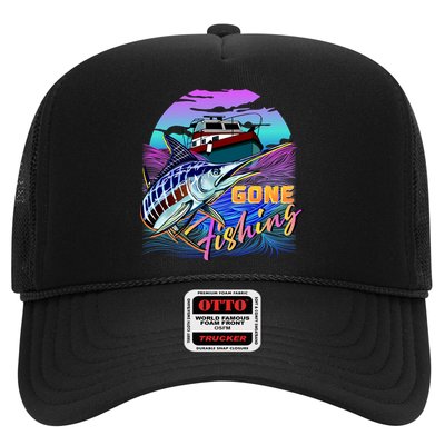 Gone Fishing Marlin Boat Trucker Hat