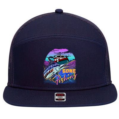 Gone Fishing Marlin Boat 7 Panel Mesh Trucker Snapback Hat