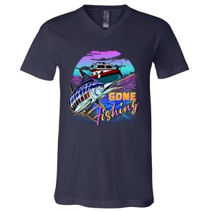 Gone Fishing Marlin Boat V-Neck T-Shirt