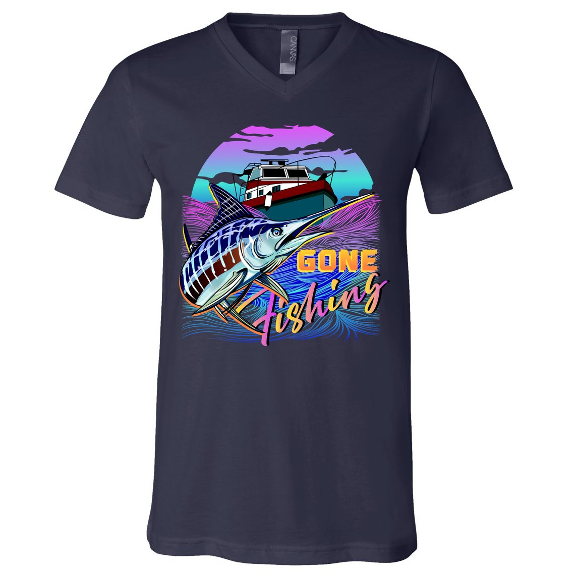 Gone Fishing Marlin Boat V-Neck T-Shirt