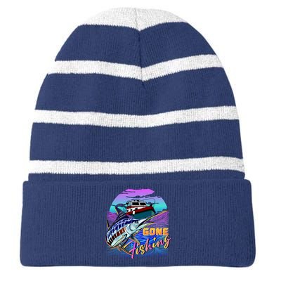 Gone Fishing Marlin Boat Striped Beanie with Solid Band