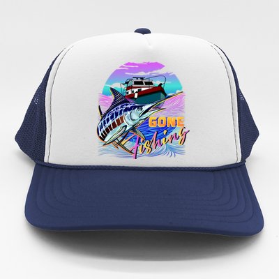 Gone Fishing Marlin Boat Trucker Hat