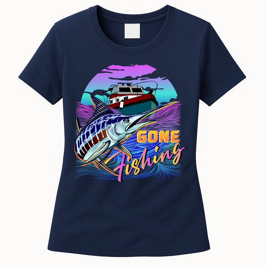 Gone Fishing Marlin Boat Womens T-Shirt