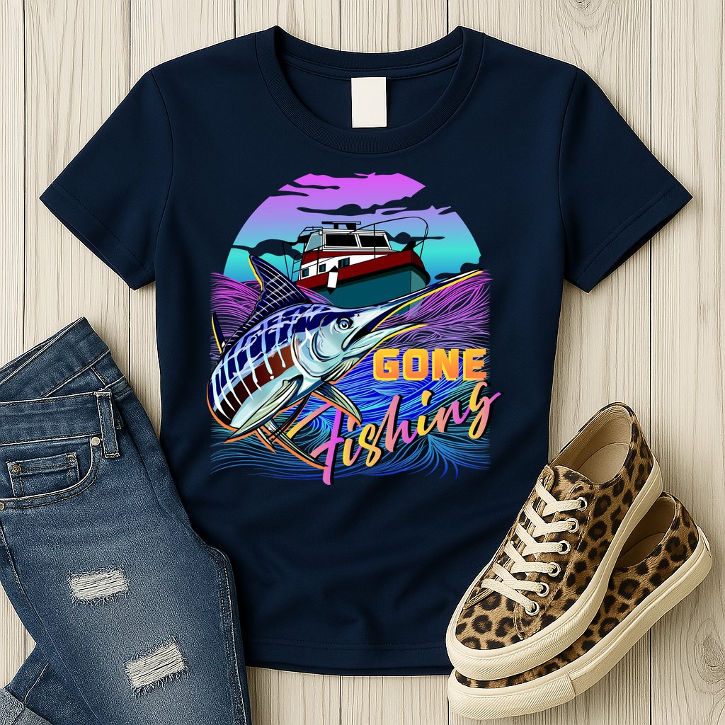 Gone Fishing Marlin Boat Womens T-Shirt