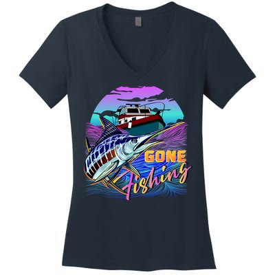 Gone Fishing Marlin Boat Women's V-Neck T-Shirt