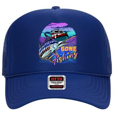 Gone Fishing Marlin Boat High Crown Mesh Back Trucker Hat