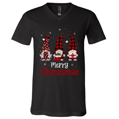 Gnome Family Merry Christmas Red Plaid Xmas V-Neck T-Shirt