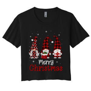 Gnome Family Merry Christmas Red Plaid Xmas Women's Crop Top Tee