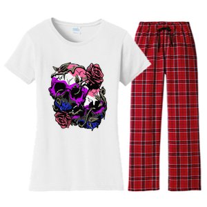 Gender Fluid Pride Flag Skull Roses Subtle Lgbtq Women's Flannel Pajama Set