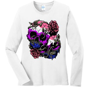 Gender Fluid Pride Flag Skull Roses Subtle Lgbtq Ladies Long Sleeve Shirt