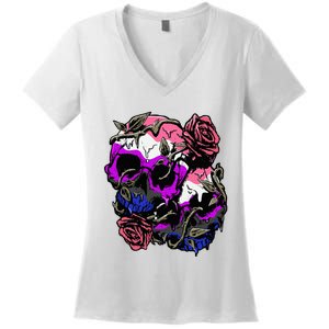 Gender Fluid Pride Flag Skull Roses Subtle Lgbtq Women's V-Neck T-Shirt