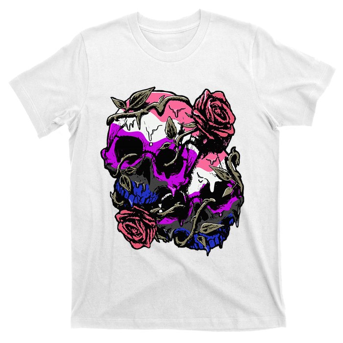 Gender Fluid Pride Flag Skull Roses Subtle Lgbt T-Shirt