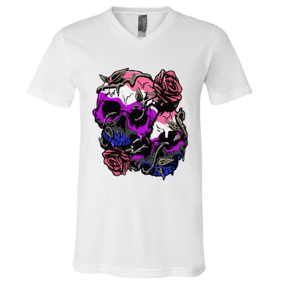 Gender Fluid Pride Flag Skull Roses Subtle Lgbt V-Neck T-Shirt