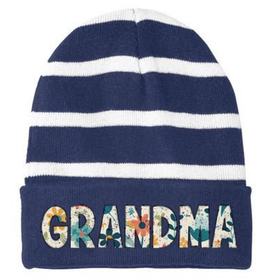 Grandma Floral Retro Striped Beanie with Solid Band