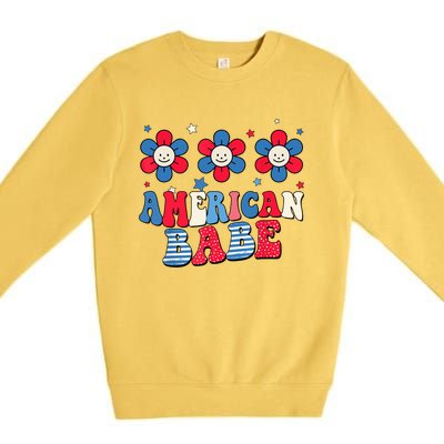 Groovy Flower Retro Usa Flag American Babe 4th Of July Gift Premium Crewneck Sweatshirt