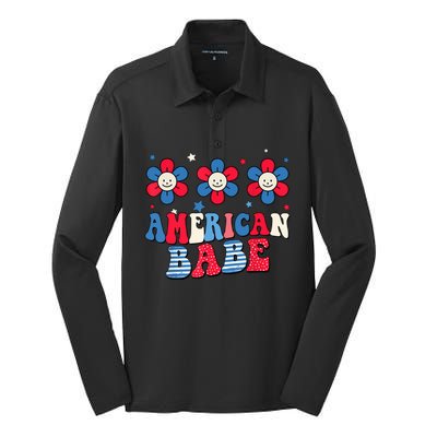 Groovy Flower Retro Usa Flag American Babe 4th Of July Gift Silk Touch Performance Long Sleeve Polo