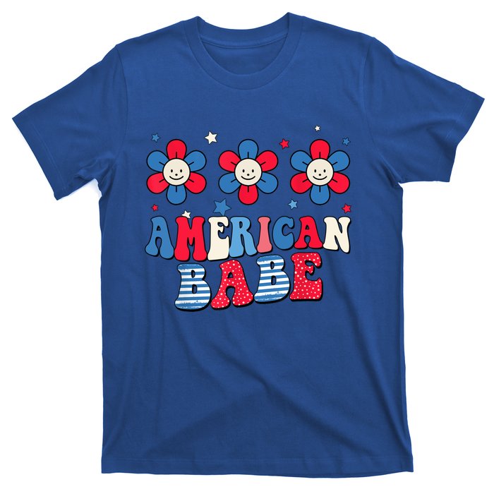 Groovy Flower Retro Usa Flag American Babe 4th Of July Gift T-Shirt