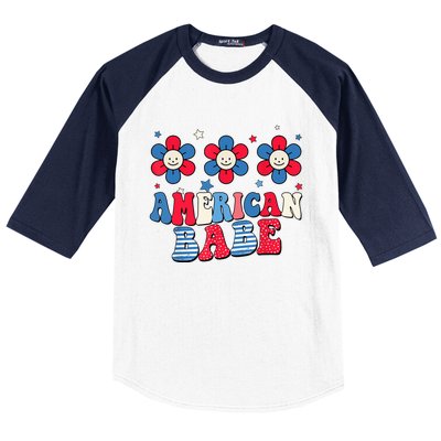 Groovy Flower Retro Usa Flag American Babe 4th Of July Gift Baseball Sleeve Shirt