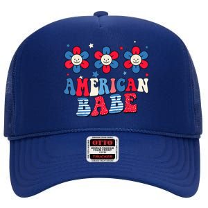 Groovy Flower Retro Usa Flag American Babe 4th Of July Gift High Crown Mesh Back Trucker Hat