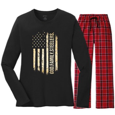 God Family Steelers Pro Us American Flag FatherS Day Women's Long Sleeve Flannel Pajama Set 