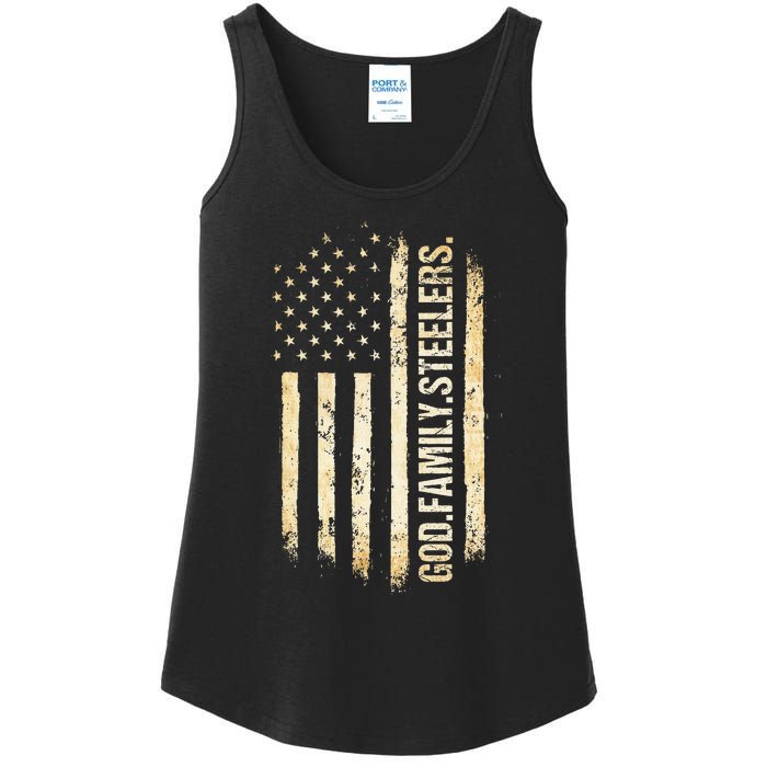 God Family Steelers Pro Us American Flag FatherS Day Ladies Essential Tank