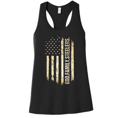 God Family Steelers Pro Us American Flag FatherS Day Women's Racerback Tank