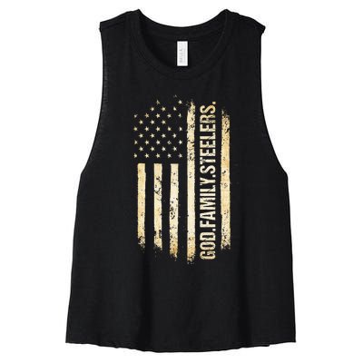 God Family Steelers Pro Us American Flag FatherS Day Women's Racerback Cropped Tank