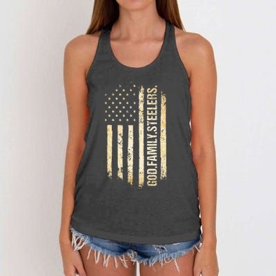 God Family Steelers Pro Us American Flag FatherS Day Women's Knotted Racerback Tank