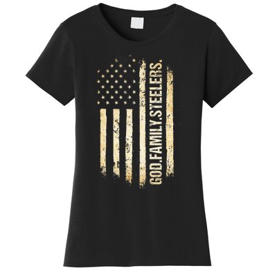 God Family Steelers Pro Us American Flag FatherS Day Women's T-Shirt