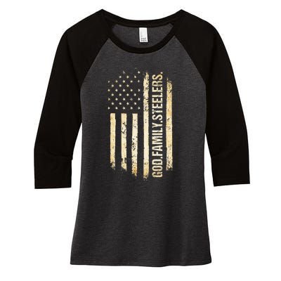 God Family Steelers Pro Us American Flag FatherS Day Women's Tri-Blend 3/4-Sleeve Raglan Shirt