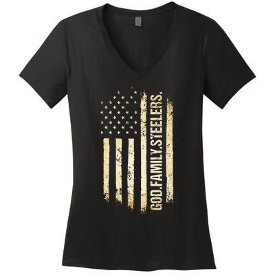 God Family Steelers Pro Us American Flag FatherS Day Women's V-Neck T-Shirt