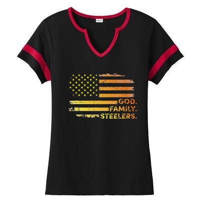 God Family Steelers Pro Us Flag Gift For Fathers Day Ladies Halftime Notch Neck Tee