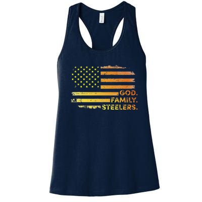 God Family Steelers Pro Us Flag Gift For Fathers Day Women's Racerback Tank