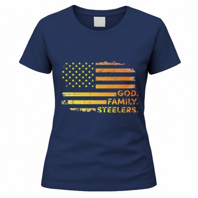 God Family Steelers Pro Us Flag Gift For Fathers Day Women's T-Shirt