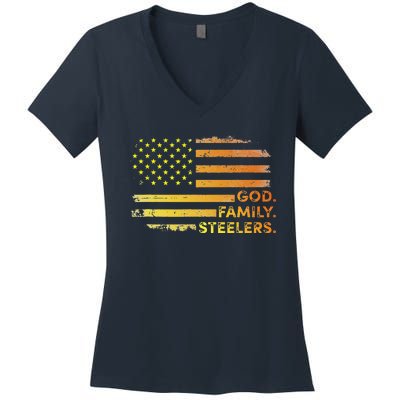 God Family Steelers Pro Us Flag Gift For Fathers Day Women's V-Neck T-Shirt