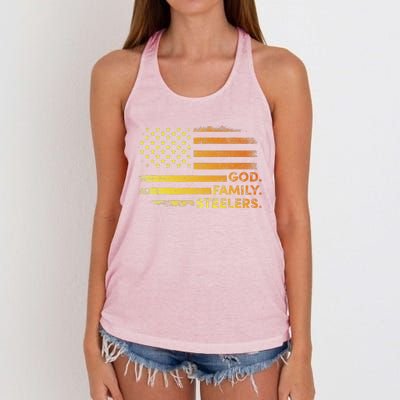 God Family Steelers Pro Us Flag Gift For Fathers Day Women's Knotted Racerback Tank