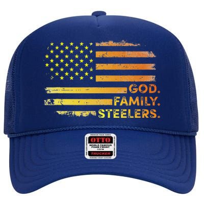 God Family Steelers Pro Us Flag Gift For Fathers Day High Crown Mesh Back Trucker Hat