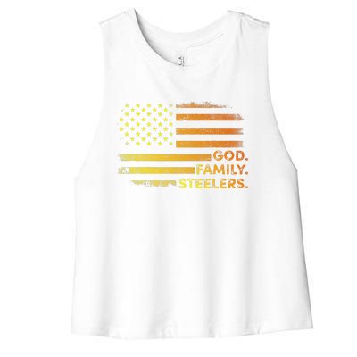 God Family Steelers Pro Us Flag Gift For Fathers Day Women's Racerback Cropped Tank