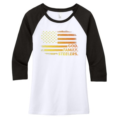 God Family Steelers Pro Us Flag Gift For Fathers Day Women's Tri-Blend 3/4-Sleeve Raglan Shirt