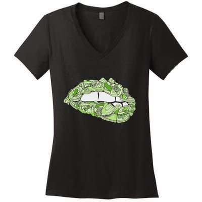Green Female Sneakerhead Sneaker Lips Green Women's V-Neck T-Shirt