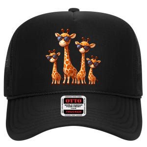 Giraffe Family Sunglasses Safari Zoo Lover Cartoon Giraffes High Crown Mesh Back Trucker Hat