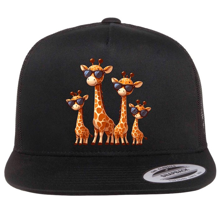 Giraffe Family Sunglasses Safari Zoo Lover Cartoon Giraffes Flat Bill Trucker Hat