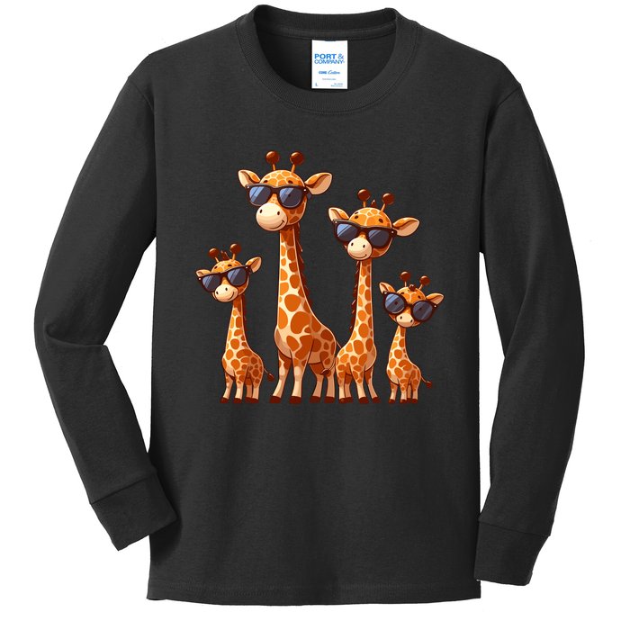 Giraffe Family Sunglasses Safari Zoo Lover Cartoon Giraffes Kids Long Sleeve Shirt