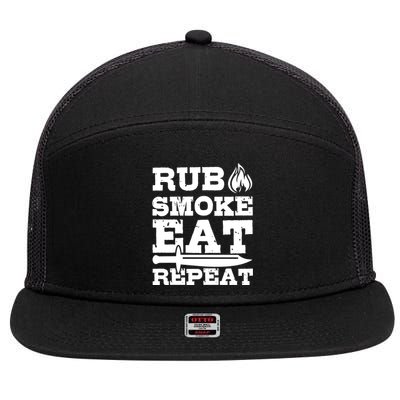 Grilling Funny Saying Rub Smoke Eat Repeat Gift 7 Panel Mesh Trucker Snapback Hat