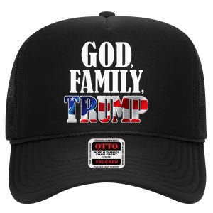 God Family Trump Christian Supporter Voter Gift America Flag High Crown Mesh Back Trucker Hat