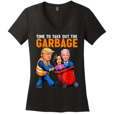 Garbage For Trump 2024 Funny Time To Take Out Garbage Biden Women's V-Neck T-Shirt
