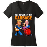 Garbage For Trump 2024 Funny Time To Take Out Garbage Biden Women's V-Neck T-Shirt