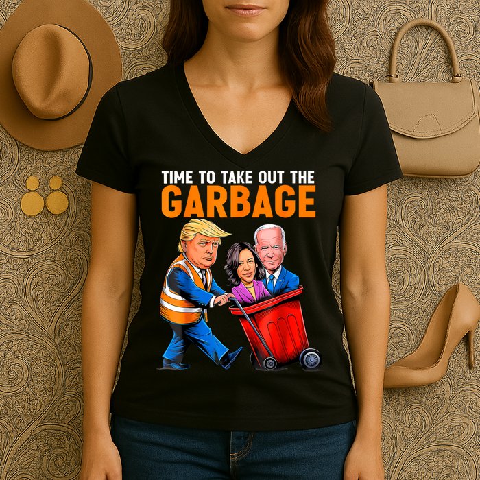 Garbage For Trump 2024 Funny Time To Take Out Garbage Biden Women's V-Neck T-Shirt